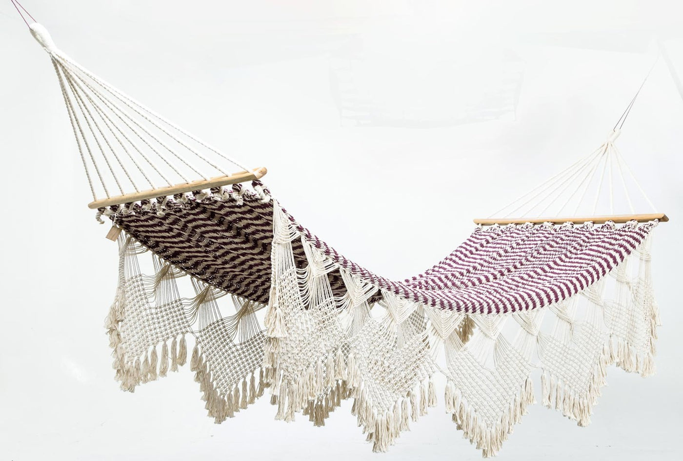 Boho Mixed Weave Pomegranate Cotton Hammock with Fringe (Wooden Bar)