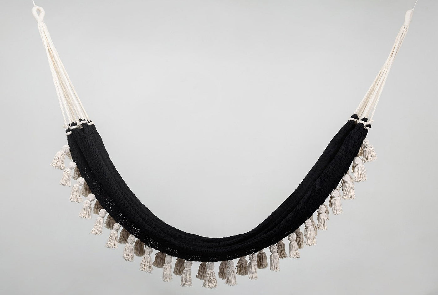 Boho black cotton hammock with hand-tied tassels
