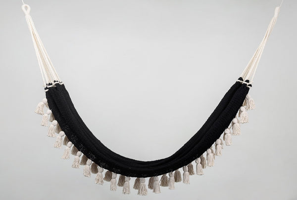 Boho black cotton hammock with hand-tied tassels